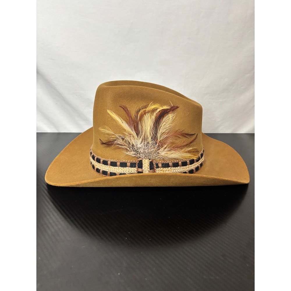 Rodeo Special Tan Felt Cowboy Hat w Feather and Woven Band Size 7 3/8 Western